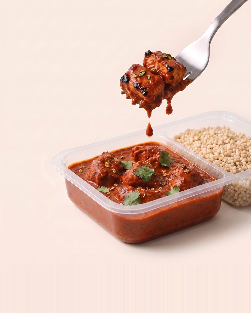Chicken Tikka Masala Bowl, a forkful lifted from the open tray, tomato masala gravy beside pearl millet