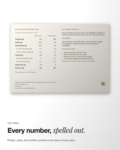 Nutrition, storage and preparation panel for Chicken Tikka Masala Bowl