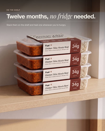 Chicken Tikka Masala Bowls stacked on a shelf, twelve months with no fridge