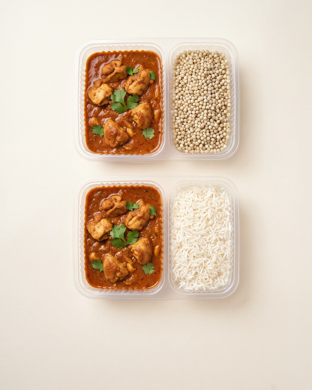 Two identical Fuel meal trays side by side, one with a millet side and one with a rice side, showing the grain choice.