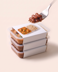 Starter Stack, three Fuel boxes stacked, the top tray open to the food