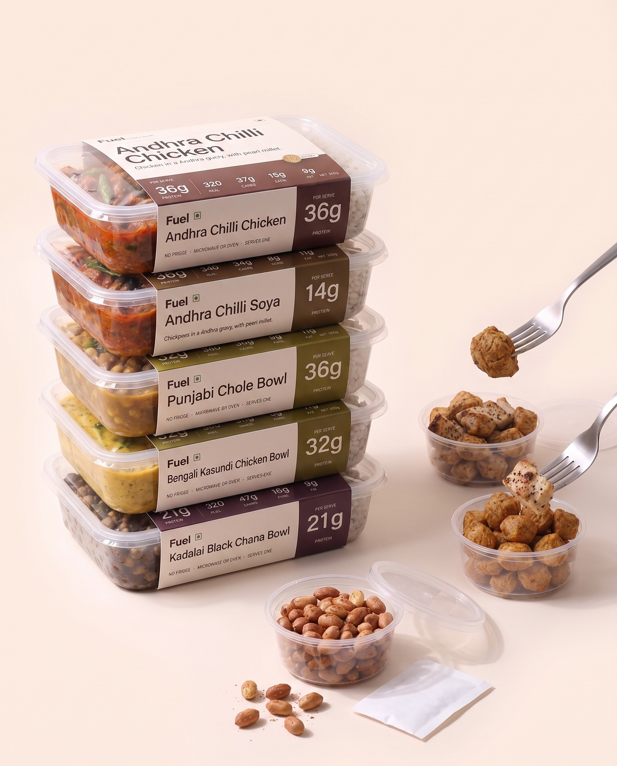 Week Stack, five Fuel boxes in their printed sleeves, stacked, with snack tubs beside them
