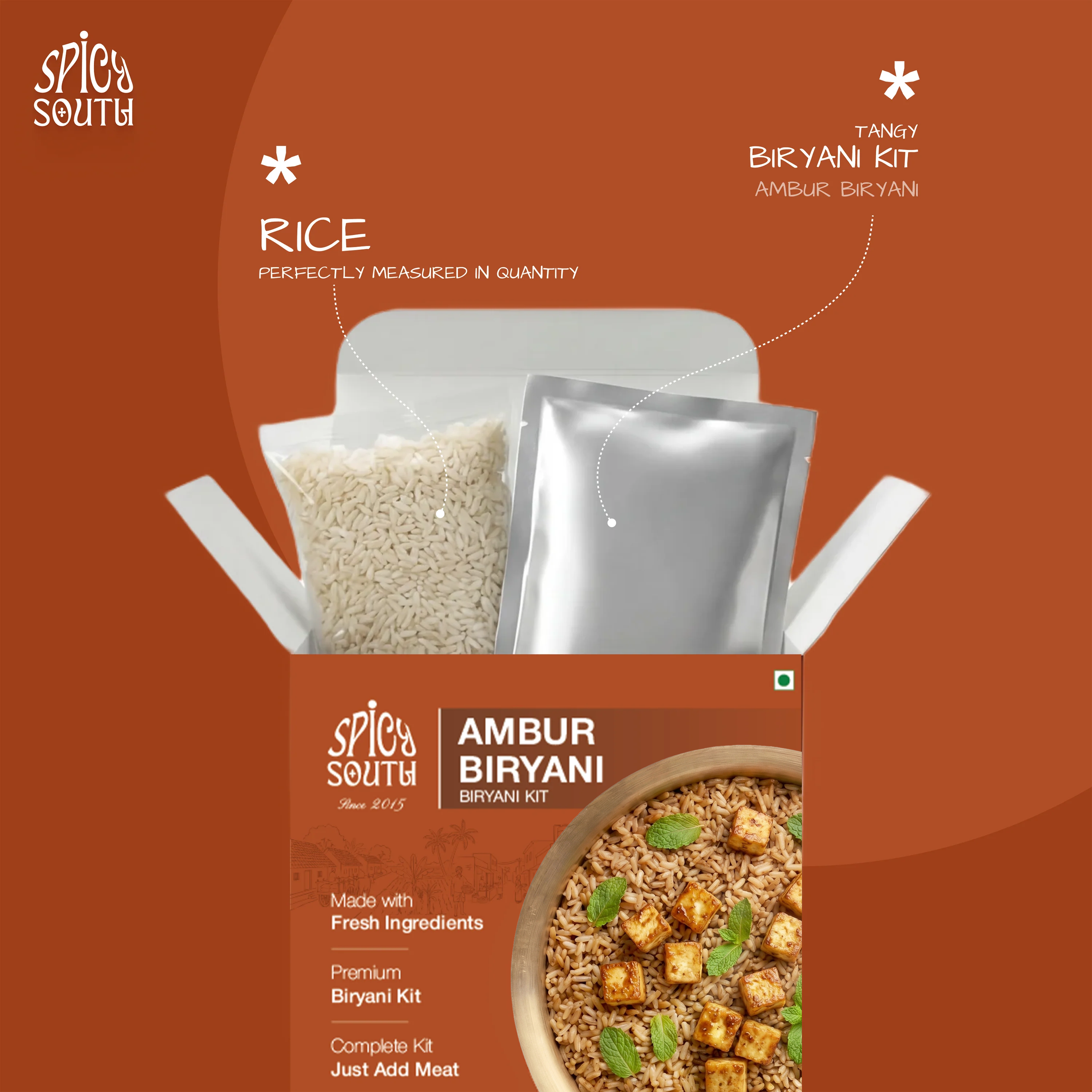 Ambur Biryani Kit open box with measured rice and masala pouch, veg [veg]