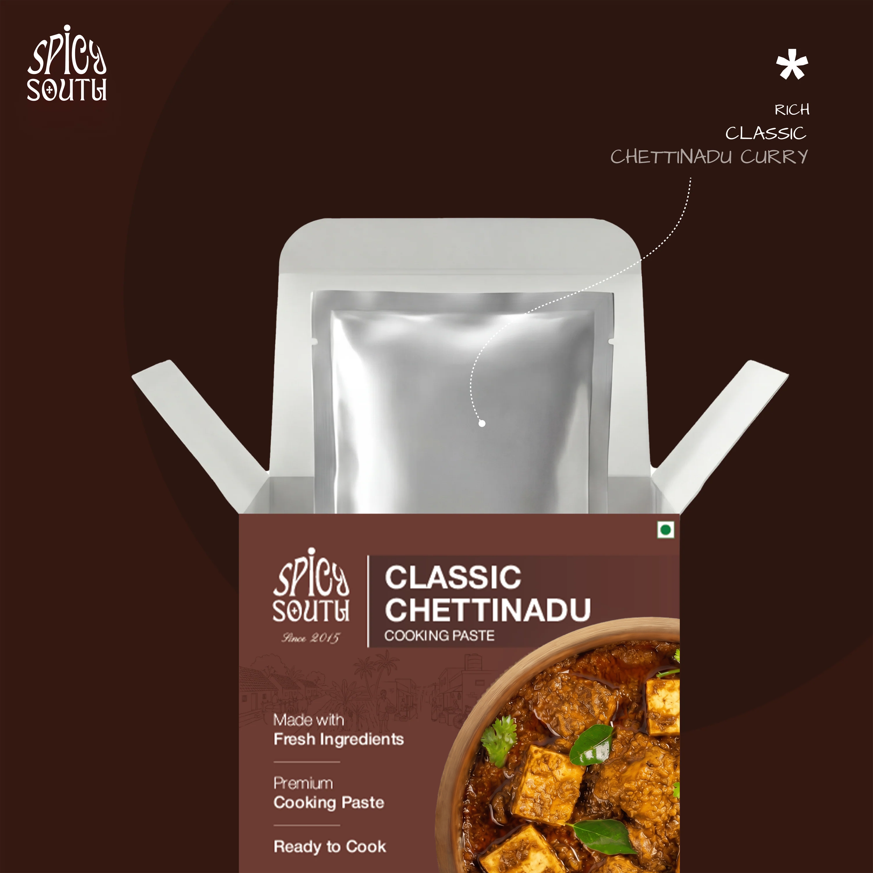 Classic Chettinad Curry Paste open box with paste pouch, veg [veg]